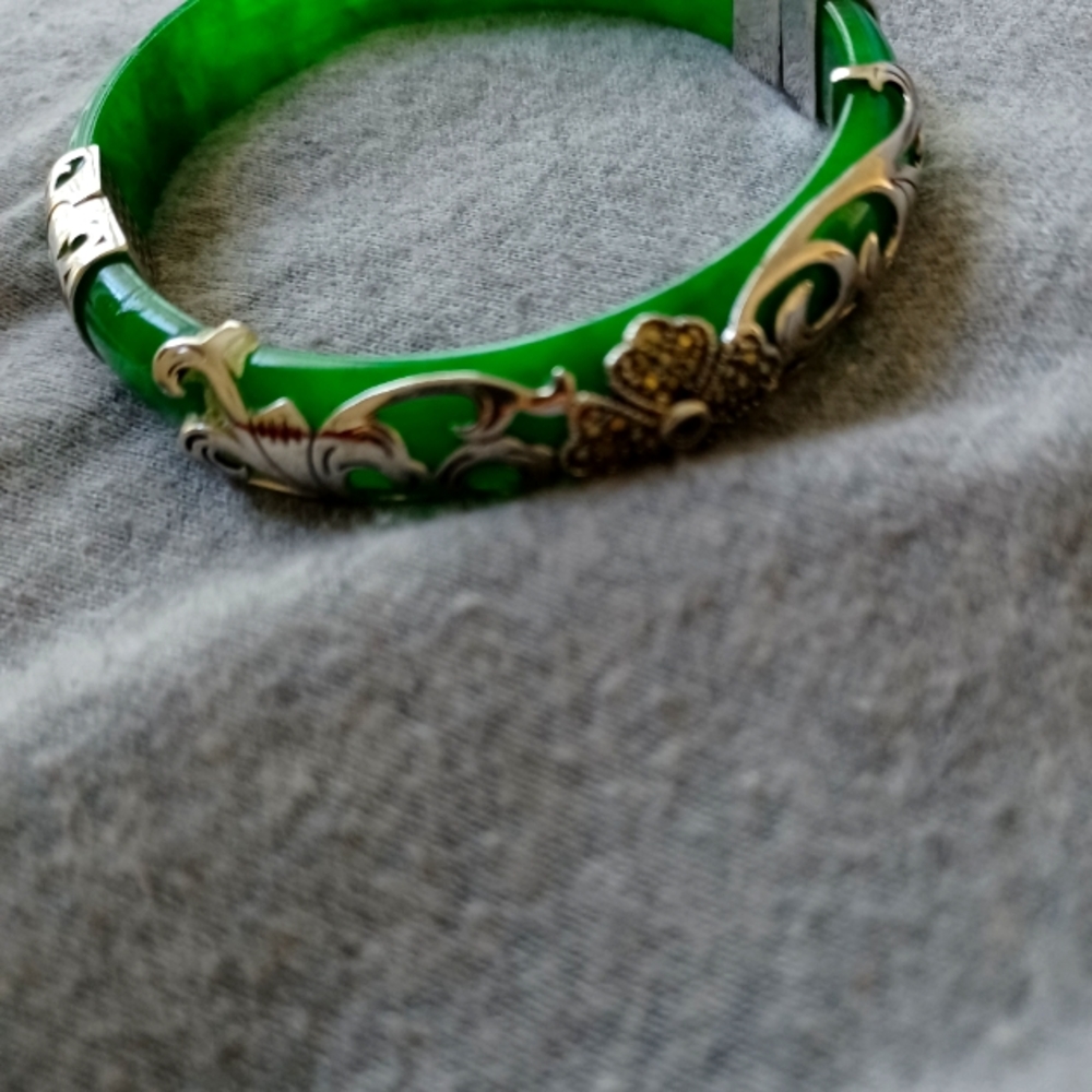 Green Jade marquee sterling silver platinum bracelet beautiful heavy bracelet